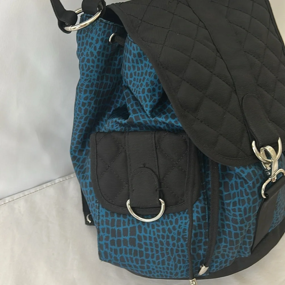 Black blue giraffe animal print quilted double strap backpack carry bag